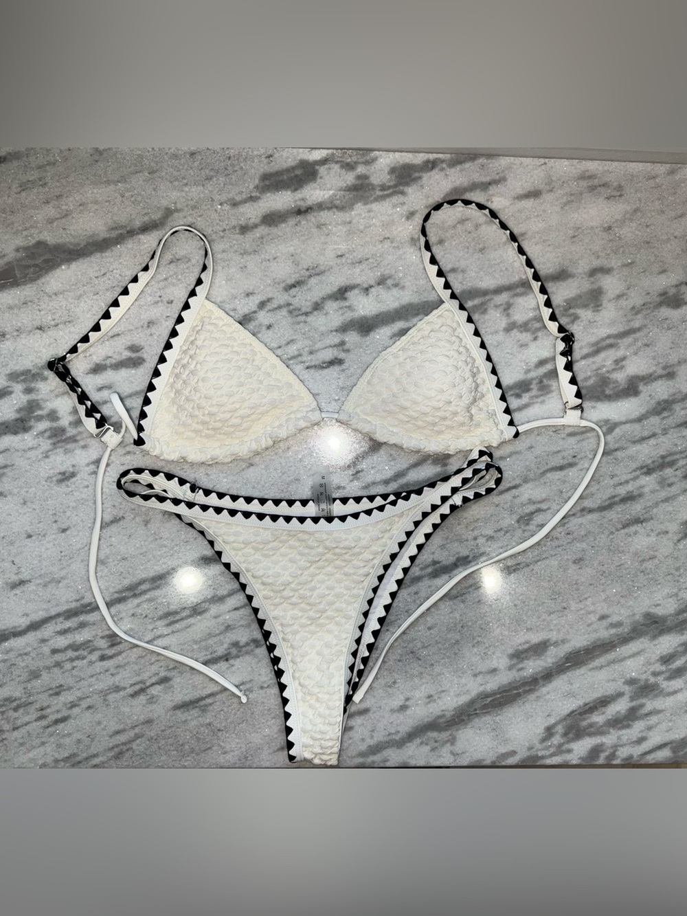 SHEIN White Triangle Bikini with Black Trim